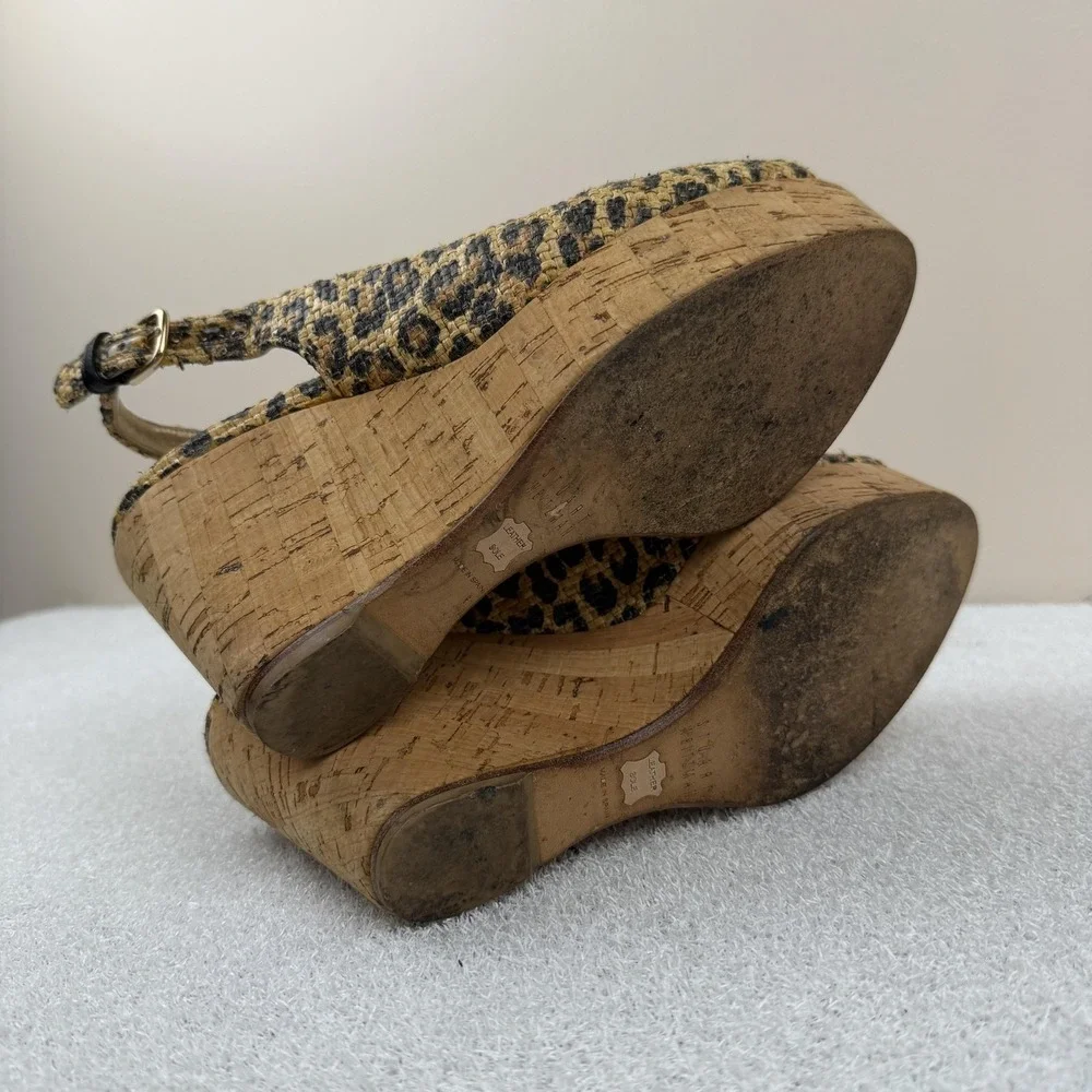 Stuart Weitzman Leopard Wedge Sandals‎ Womens Size 6.5 M Slingback Peep Toe Cork - Picture 7 of 8